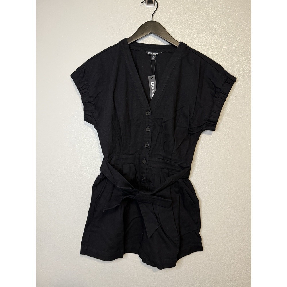 Steve Madden Black Denim‎ Button Up Maisie Romper Womens Size Small Tie Waist